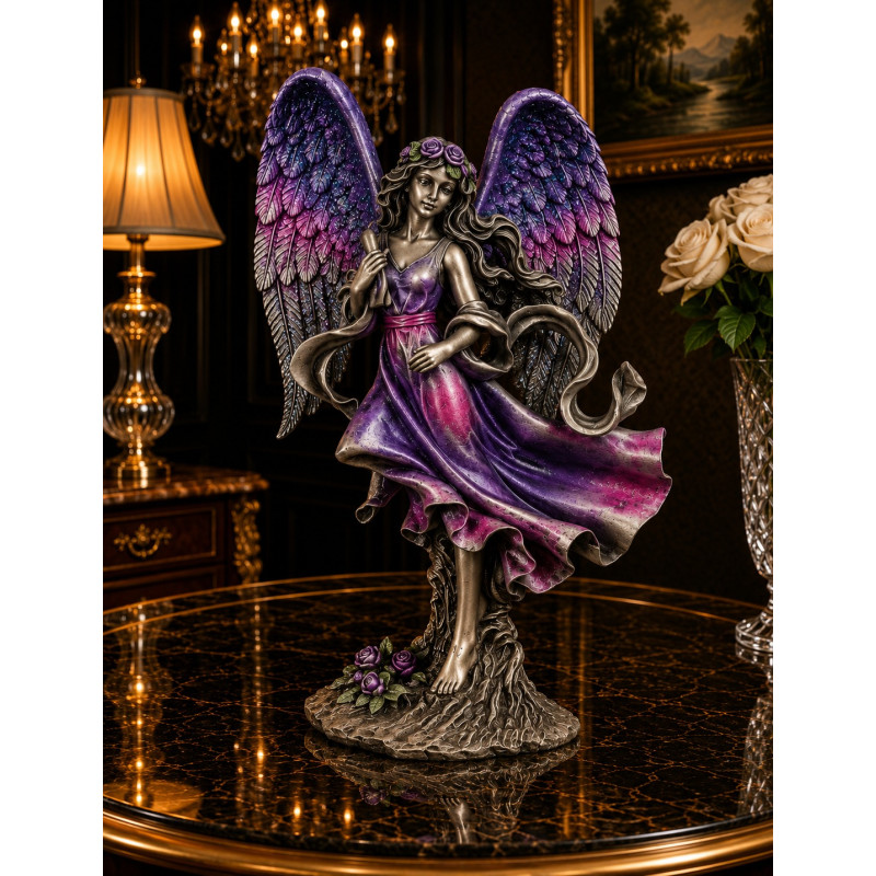 The great angels in pewter with fuchsia-blue wings dancing