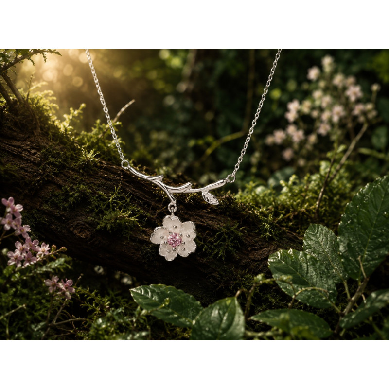 Pendente Ciliegio Rosa in argento con fiore e cristallo al centro