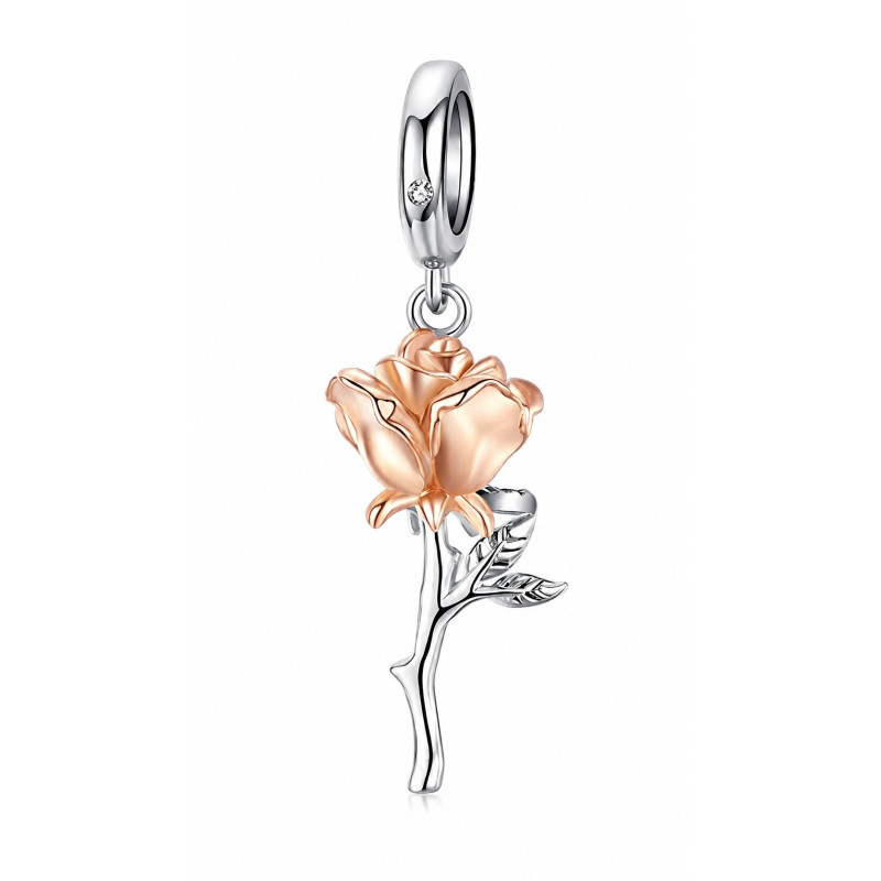Il fiore, charm argento 925 raffigurante una rosa in bocciolo con foglia