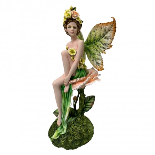 The fairy sitting on the flower with leaves wings.