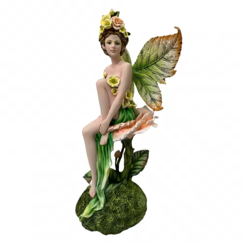 The fairy sitting on the flower with leaves wings.