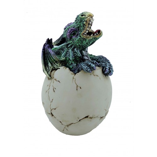 The green dragon hatching from the egg. The nest.