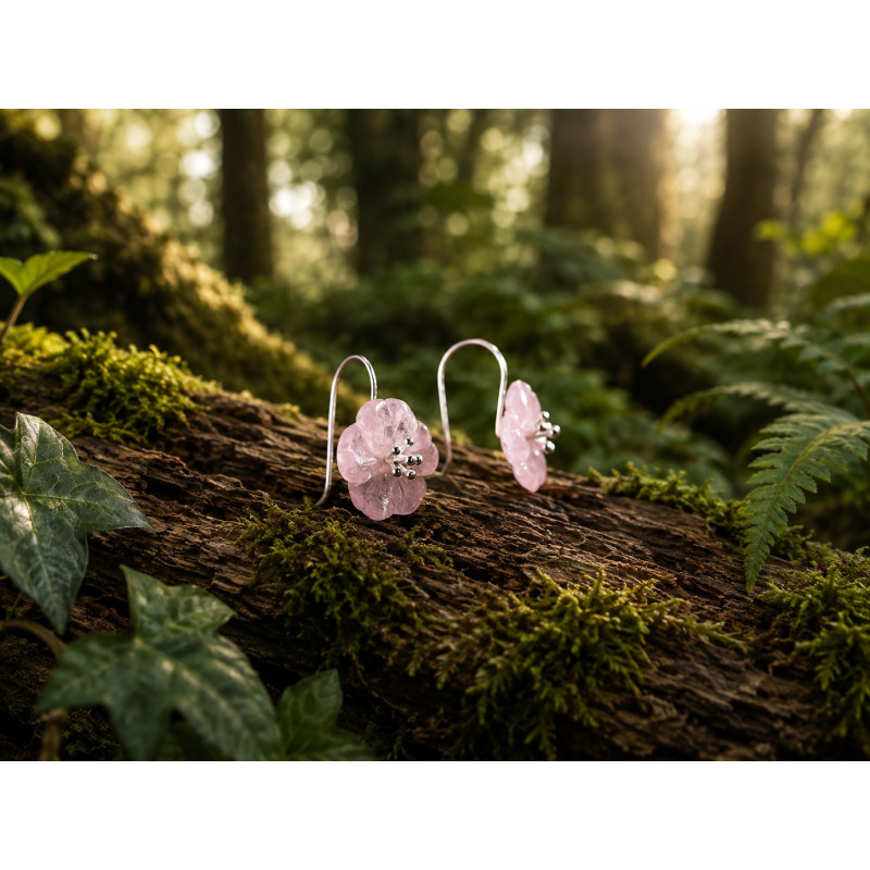Rain Flower earrings in silver 925 with rose quartz flower
