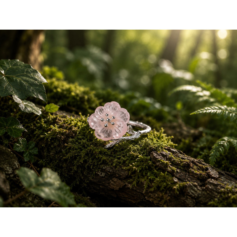 Anello Fiore della Pioggia in argento con fiore di quarzo rosa