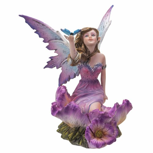 The purple fairy on the flowers with the blue butterfly on her hand.