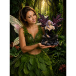 Die Fee sitzt mit dem Vogel auf der Hand und dem schwarzen Kleid, Fairy Land Harzfigur – weitere Ansicht