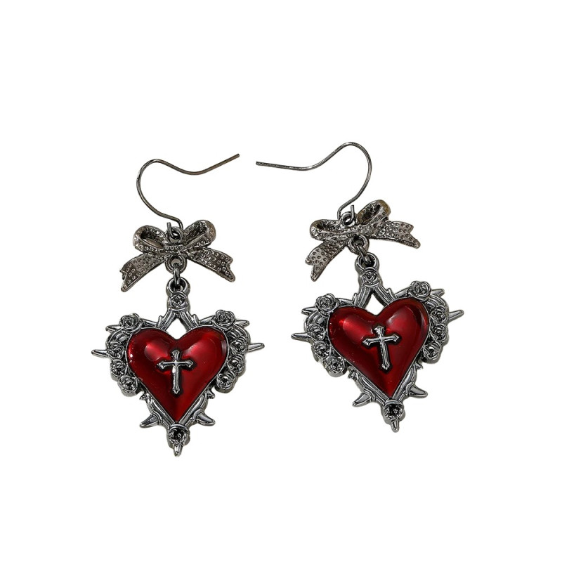 Orecchini Fairydust Steam Room con cuore smaltato rosso e croce in metallo