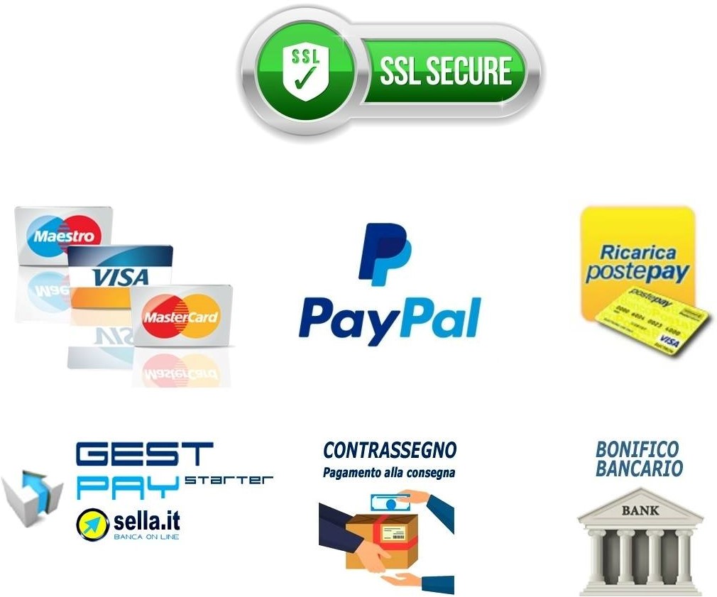 BANCA SELLA (VISA, VISA ELECTRON, MASTERCARD), PAYPAL, ADVANCE TRANSFER, CASH ON DELIVERY. SECURE SSL PAYMENTS.